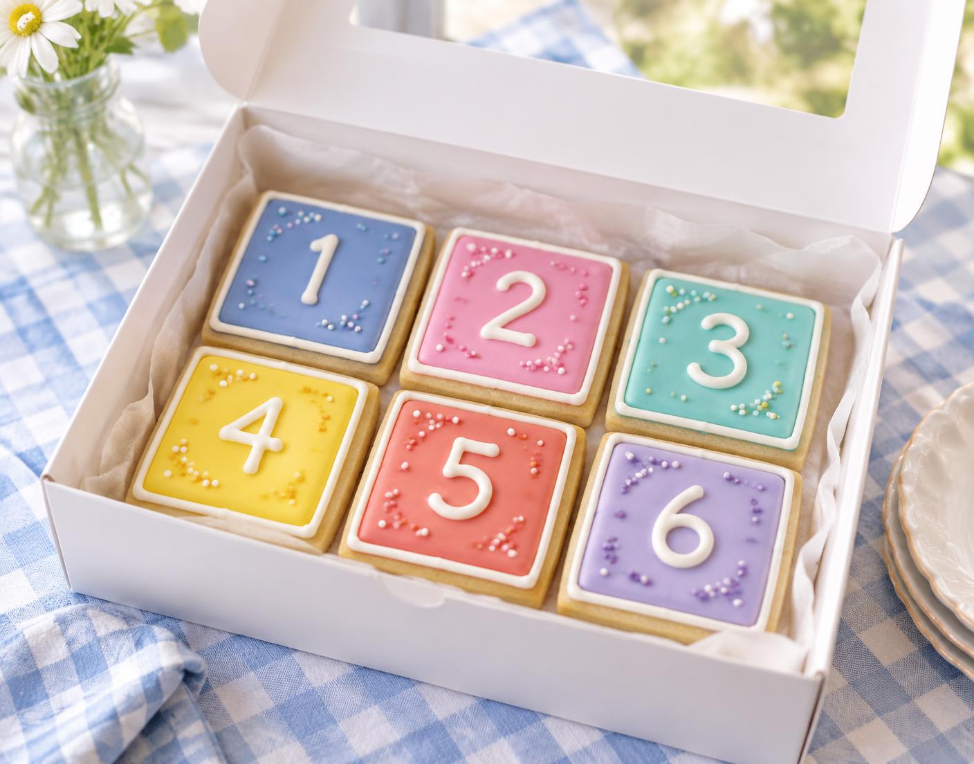 A gift box of colorful numbered Hopscotch cookies